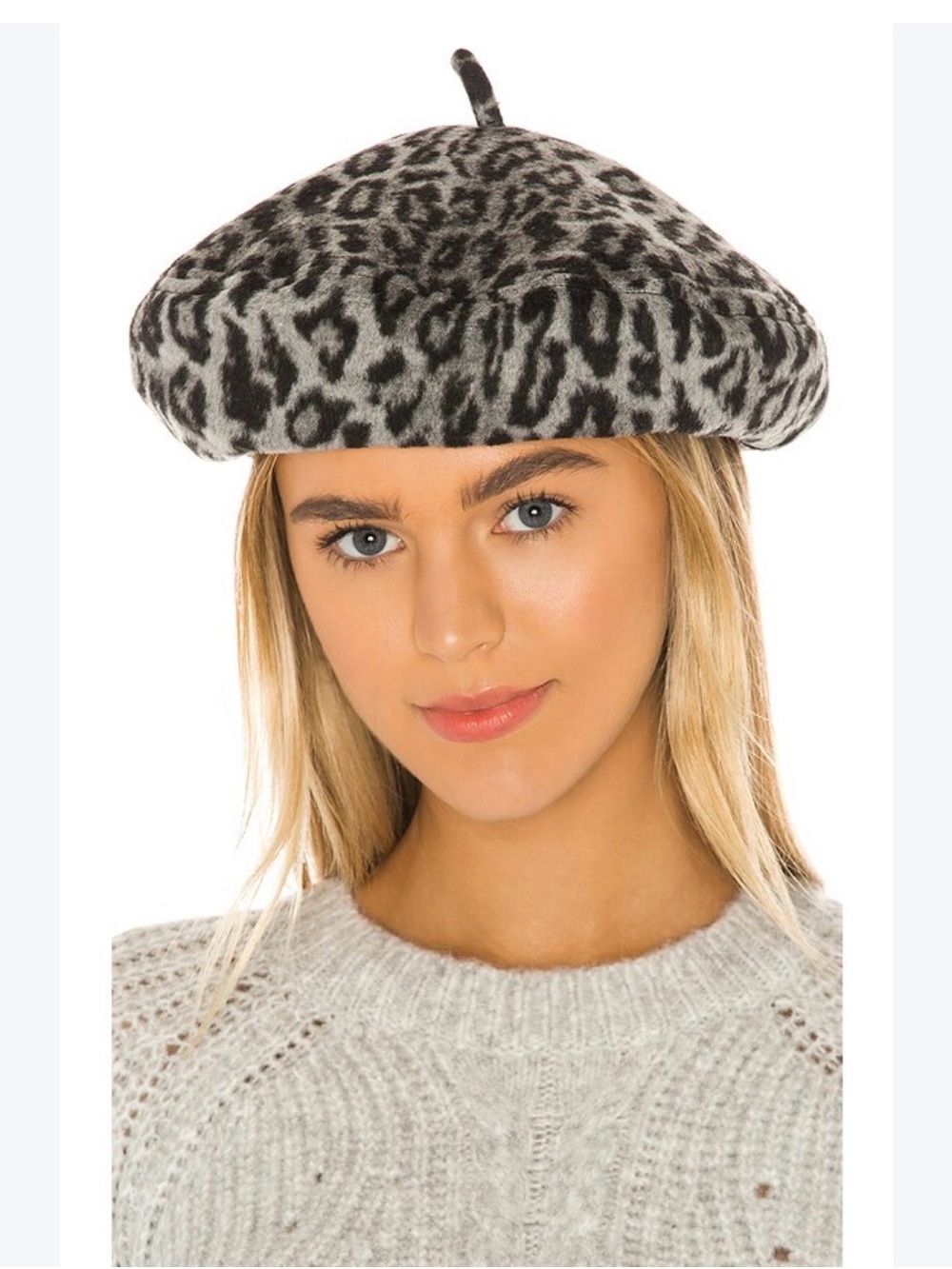 Brixton Leopard Print Wool Beret in Gray and Black-LIKE NEW